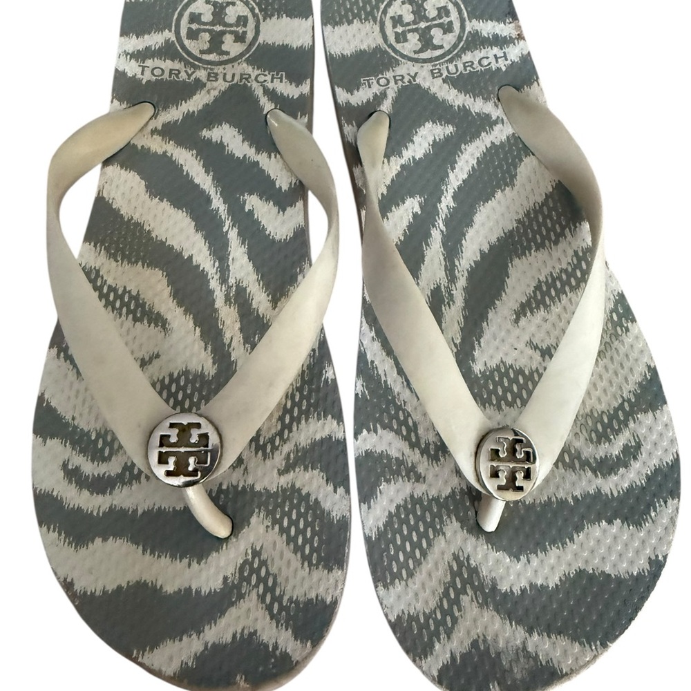 Tory Burch Gray Zebra Pattern Flip Flops